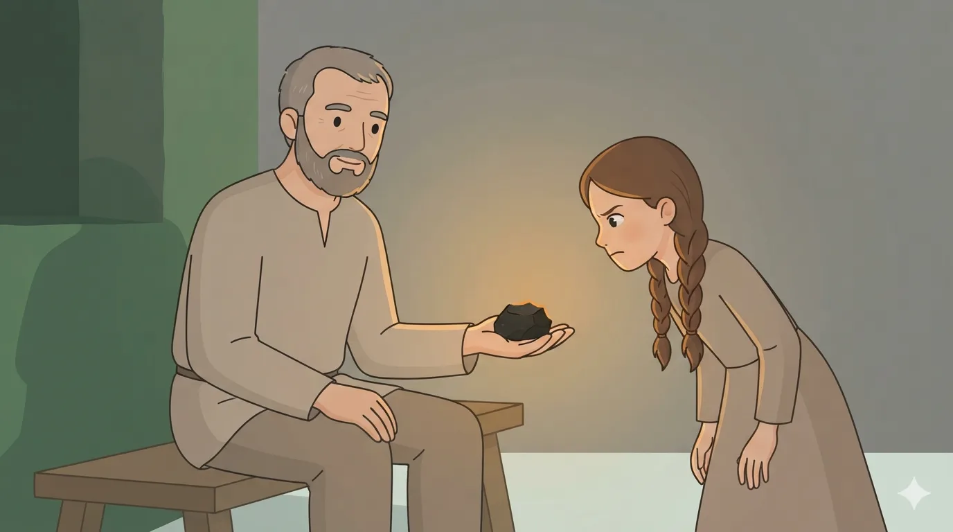 An older mentor holds out a lump of coal on an open palm while a tense young student looks at it.