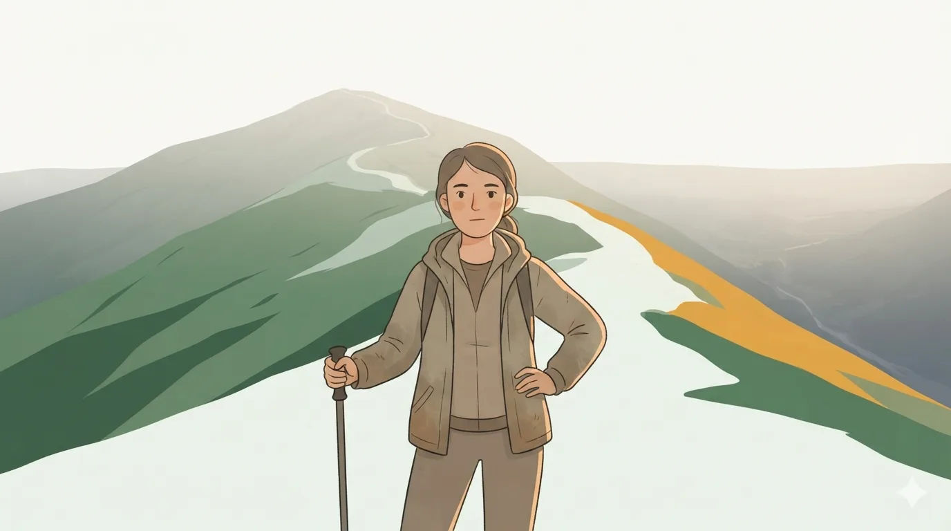 A lone woman climber pauses on a bare mid-mountain path with a walking pole, summit faint ahead.