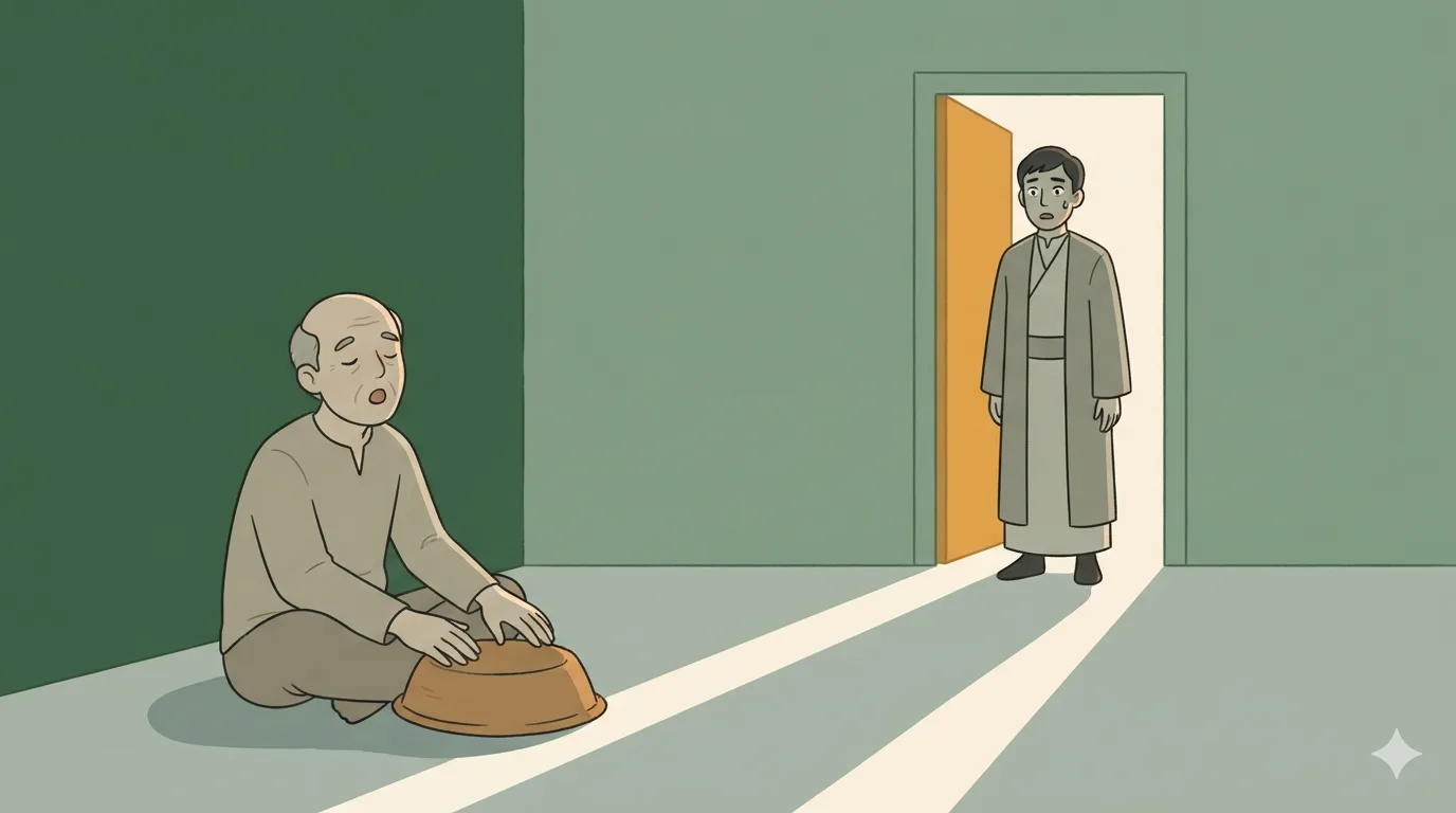 An older man sits on the floor with both palms on an upturned clay basin as another man watches from a doorway.