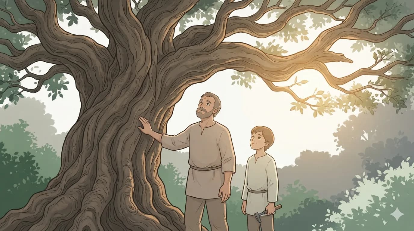A male carpenter and his young male apprentice stand beneath a huge old tree with a gnarled trunk and twisted branches.