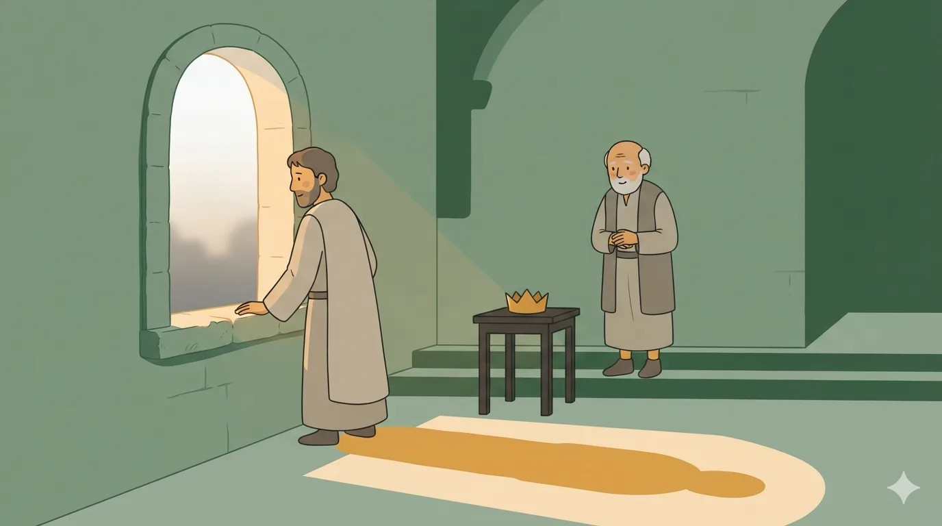 A king stands looking out a tall window in a stone hall while an elderly advisor waits silently a few steps behind him.