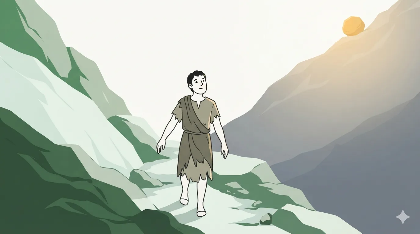 A man in tattered clothing walks calmly down a mountain path with empty hands, the boulder resting far above him on the slope.
