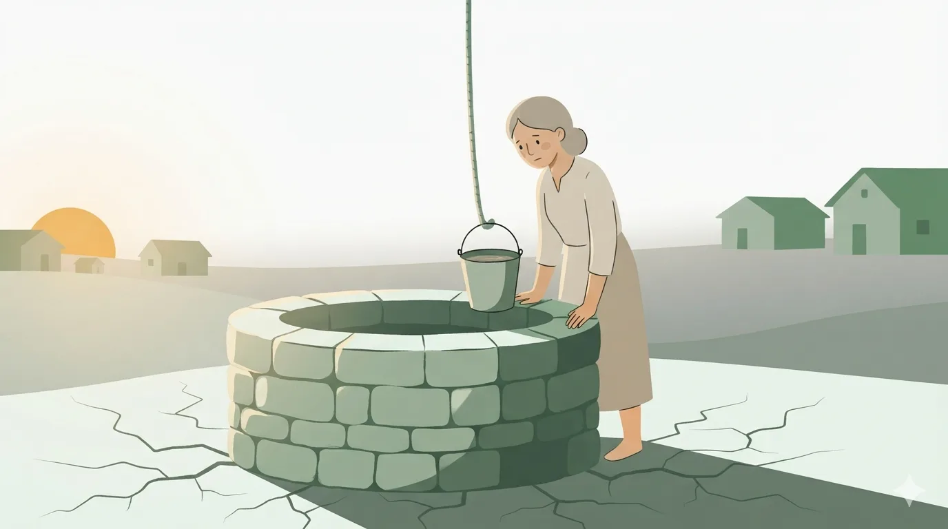 A woman draws water from a village well, surrounded by cracked, dry ground.