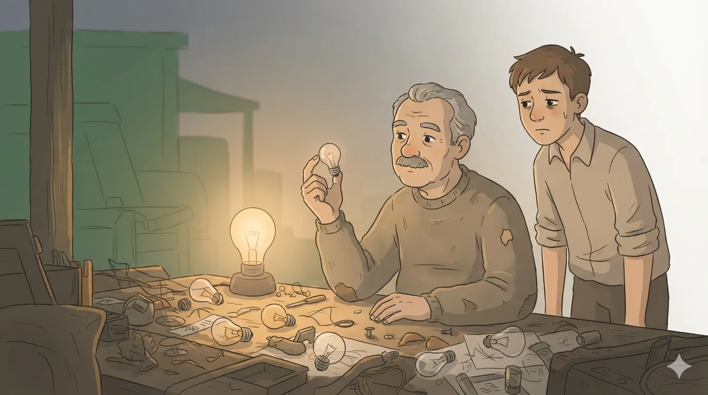 An older man at a workbench holds a small glass bulb up to lamplight while a young man watches beside him.