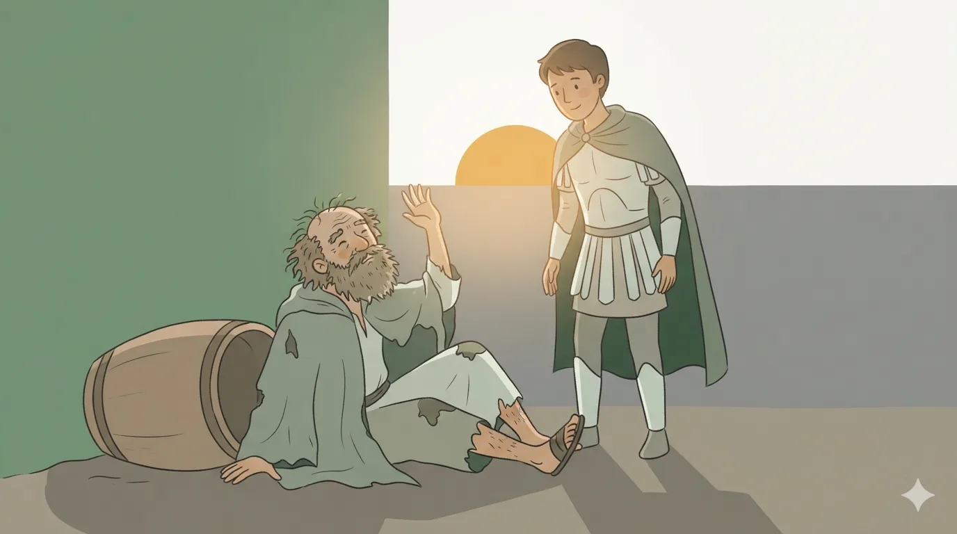 An old bearded man sits by a large clay barrel shielding his eyes as an armored young man stands over him.