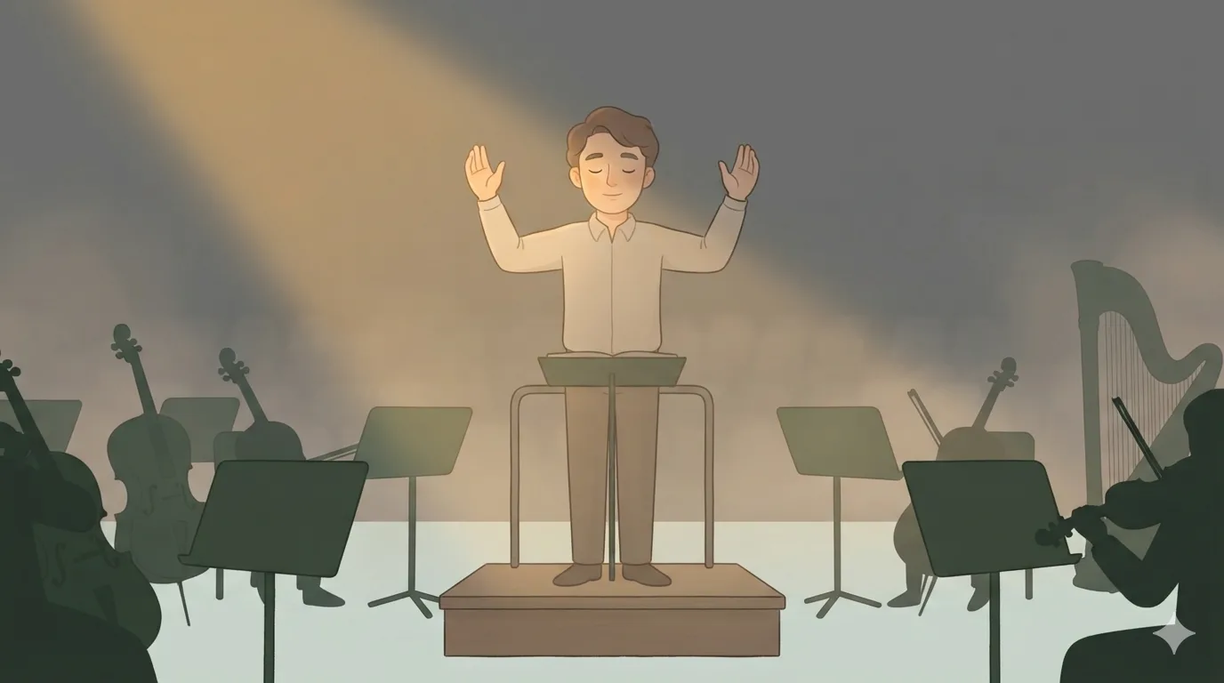 A conductor stands on a podium, arms raised and eyes closed, surrounded by the shadowed silhouettes of musicians playing around him.