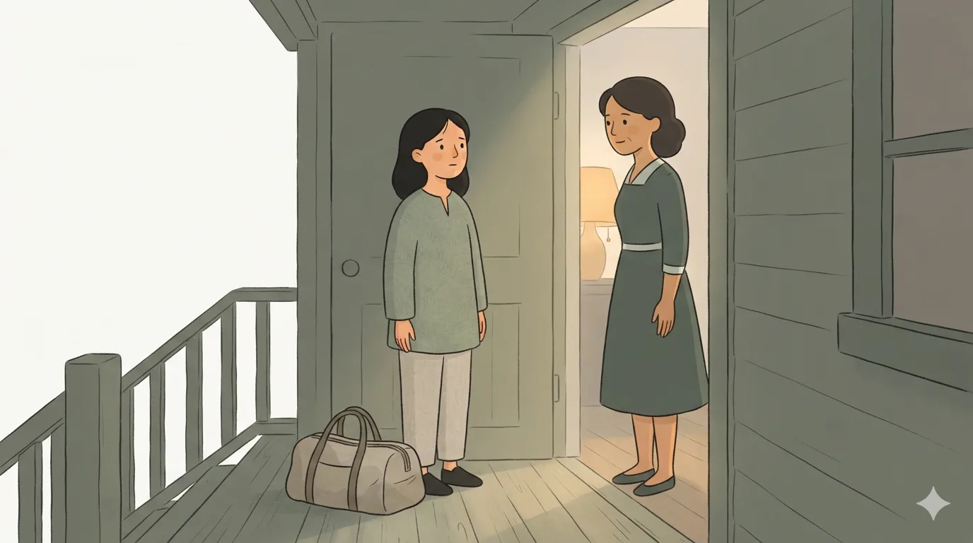 A grown daughter with a travel bag stands in an open doorway at dusk, meeting her mother's gaze across the threshold.