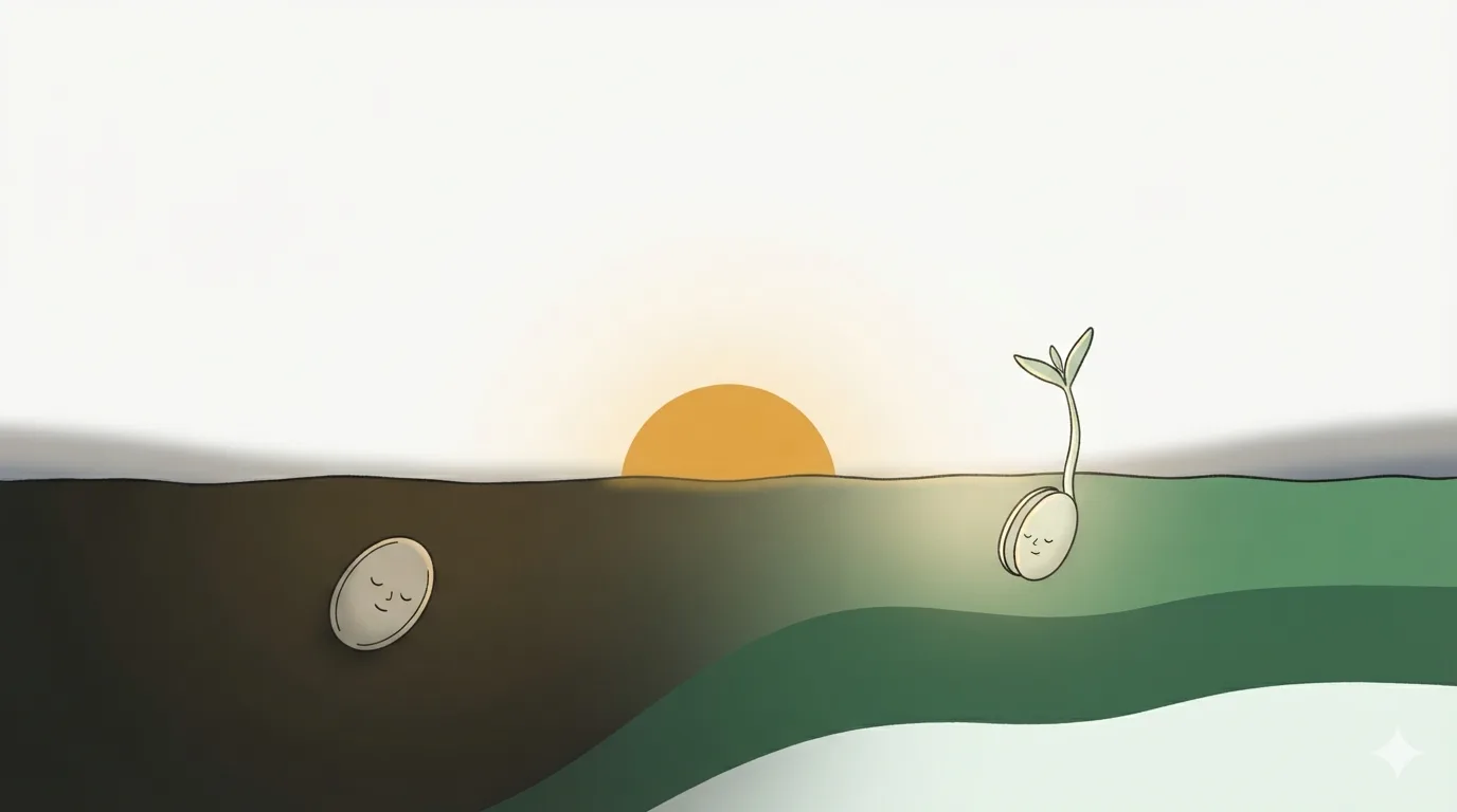 A small closed seed lies in the soil on the left, a just-sprouted shoot with a couple of leaves on the right against a sunrise.