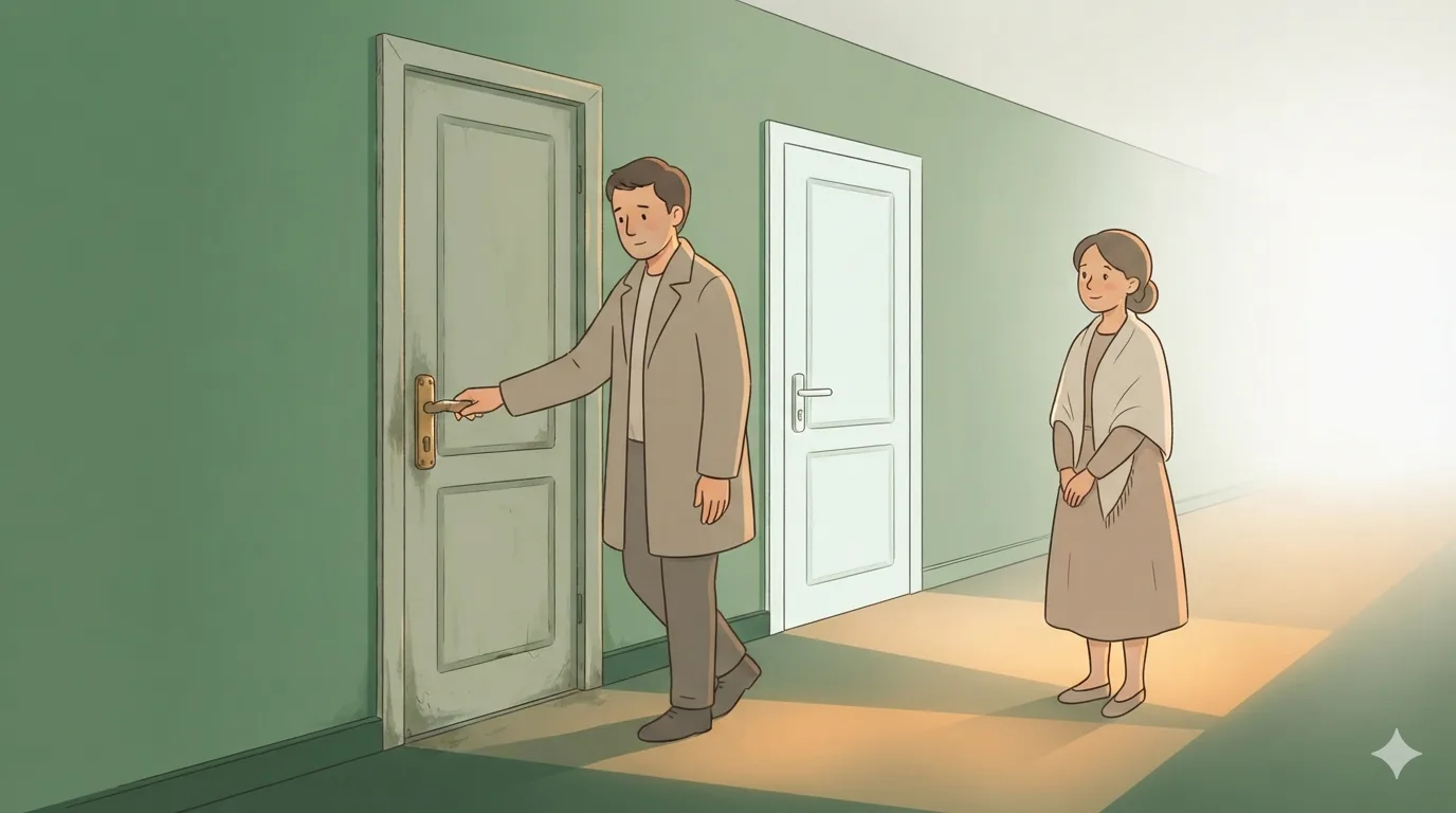 A man holds the handle of a worn door, a woman waits patiently behind him in the corridor.