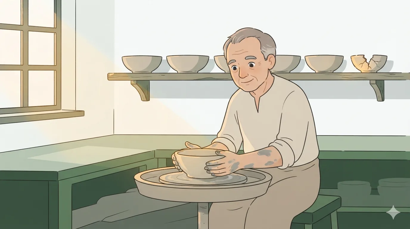 A potter works at a wheel; on a shelf behind him a single cracked bowl stands apart from the others.