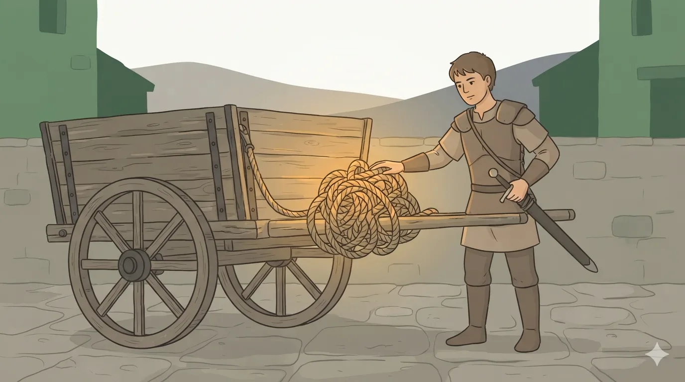 A young man in armor rests one hand on a huge tangled rope knot on a wagon and draws his sword.
