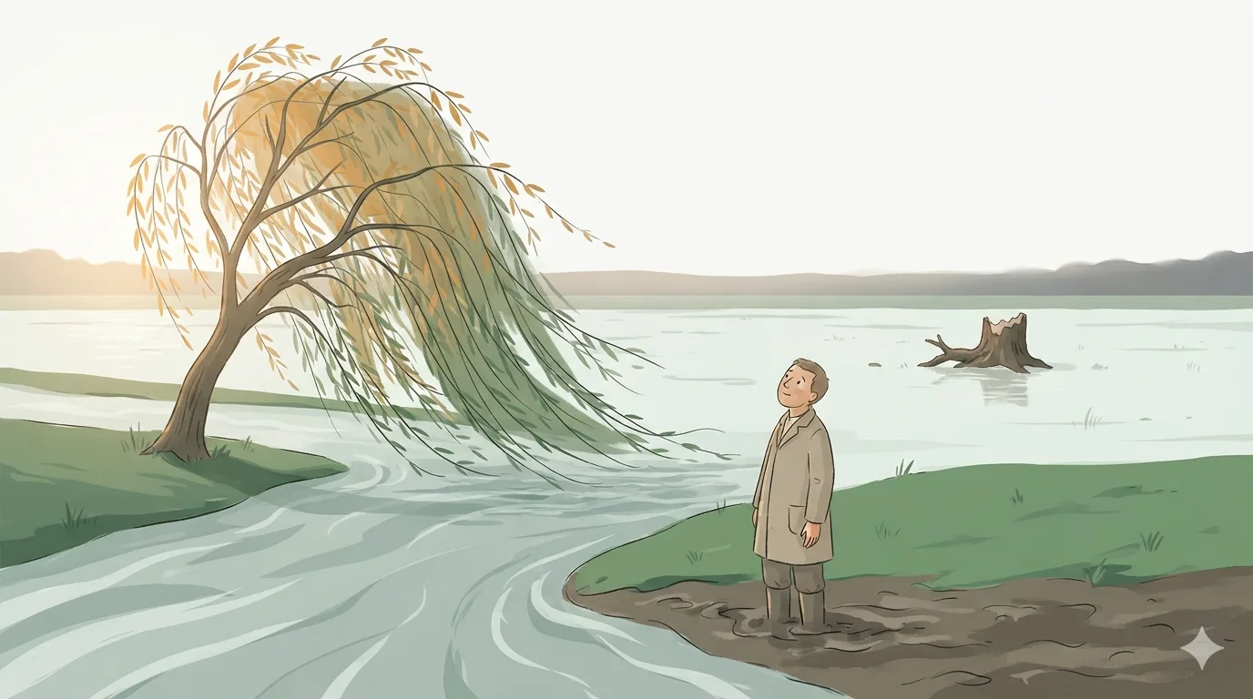A willow stands at a swollen river, its branches trailing in the water, a farmer stands ankle-deep in mud looking up at it.