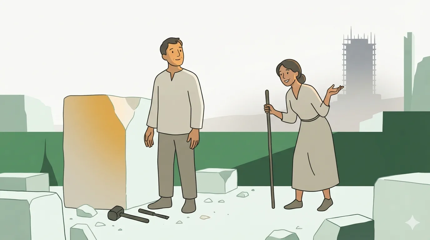 A stonecutter stands with empty hands, his chisel on the ground, a curious female traveler with a staff leans in beside him.