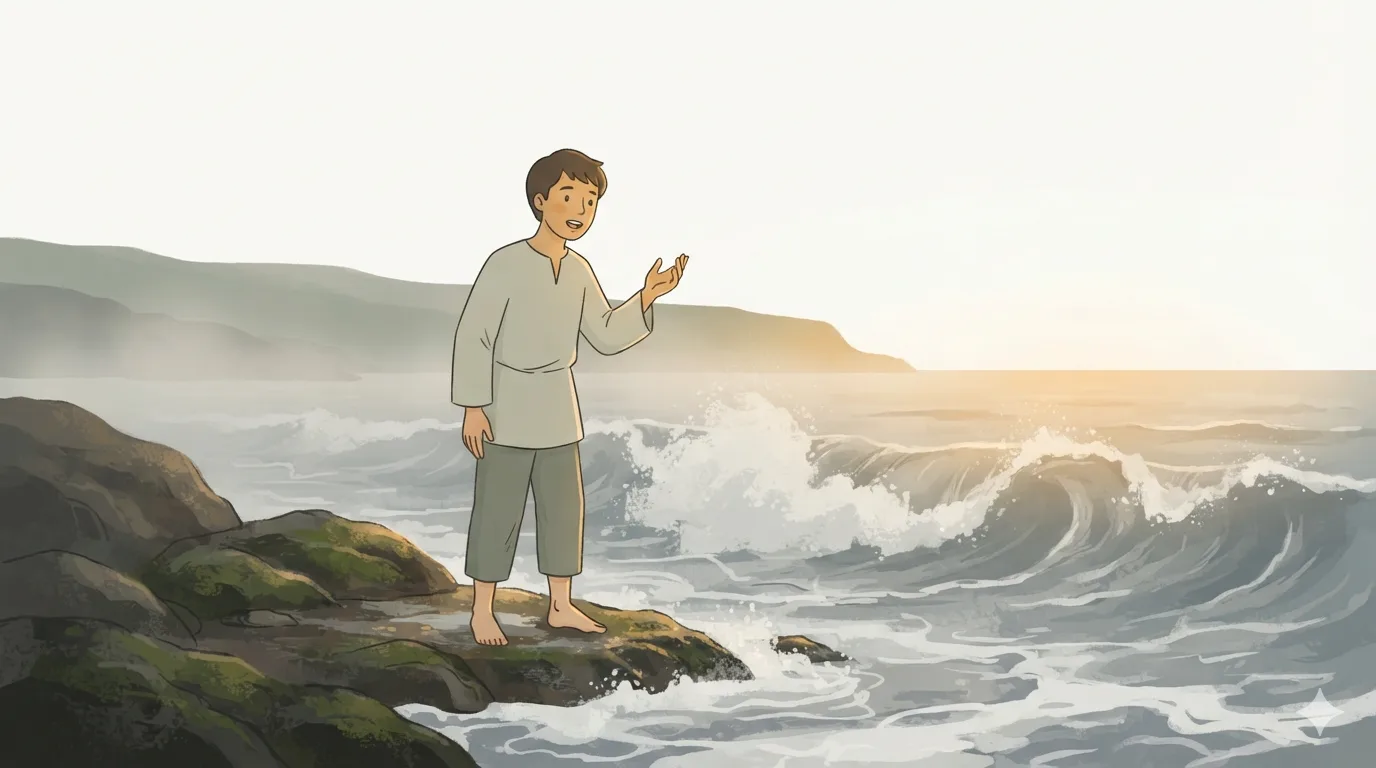 A young man stands alone on a rocky shore facing breaking waves, his mouth open and one hand raised.