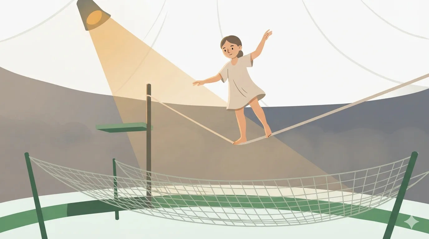 A tightrope walker balances on the rope, a safety net stretched below.