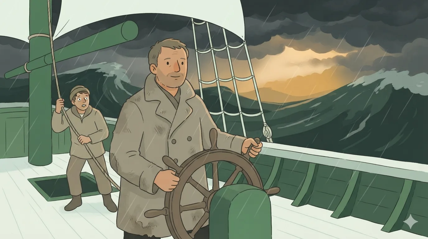 A captain calmly holds the helm in a storm, a frightened sailor clutches a rope behind him.