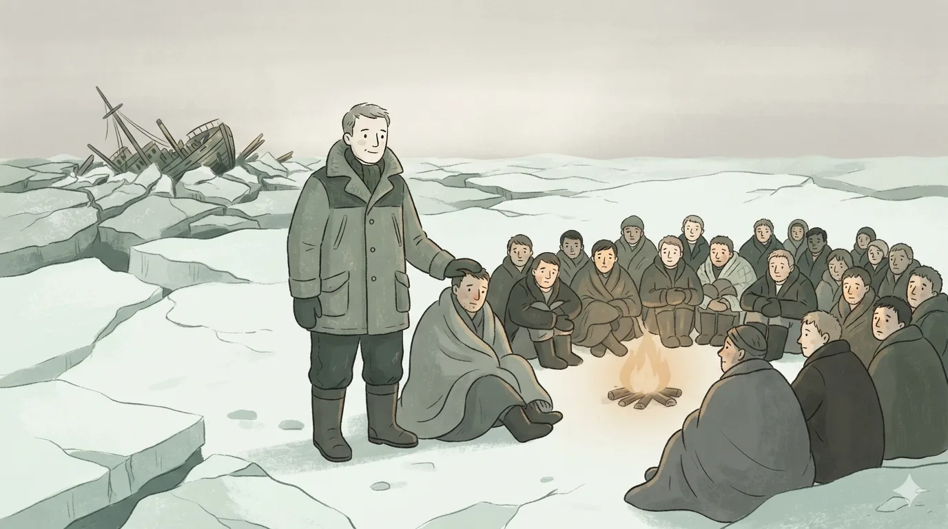 A captain stands on the ice with a hand on a seated crewman's shoulder, their half-sunken ship behind them and the crew warming by a fire.