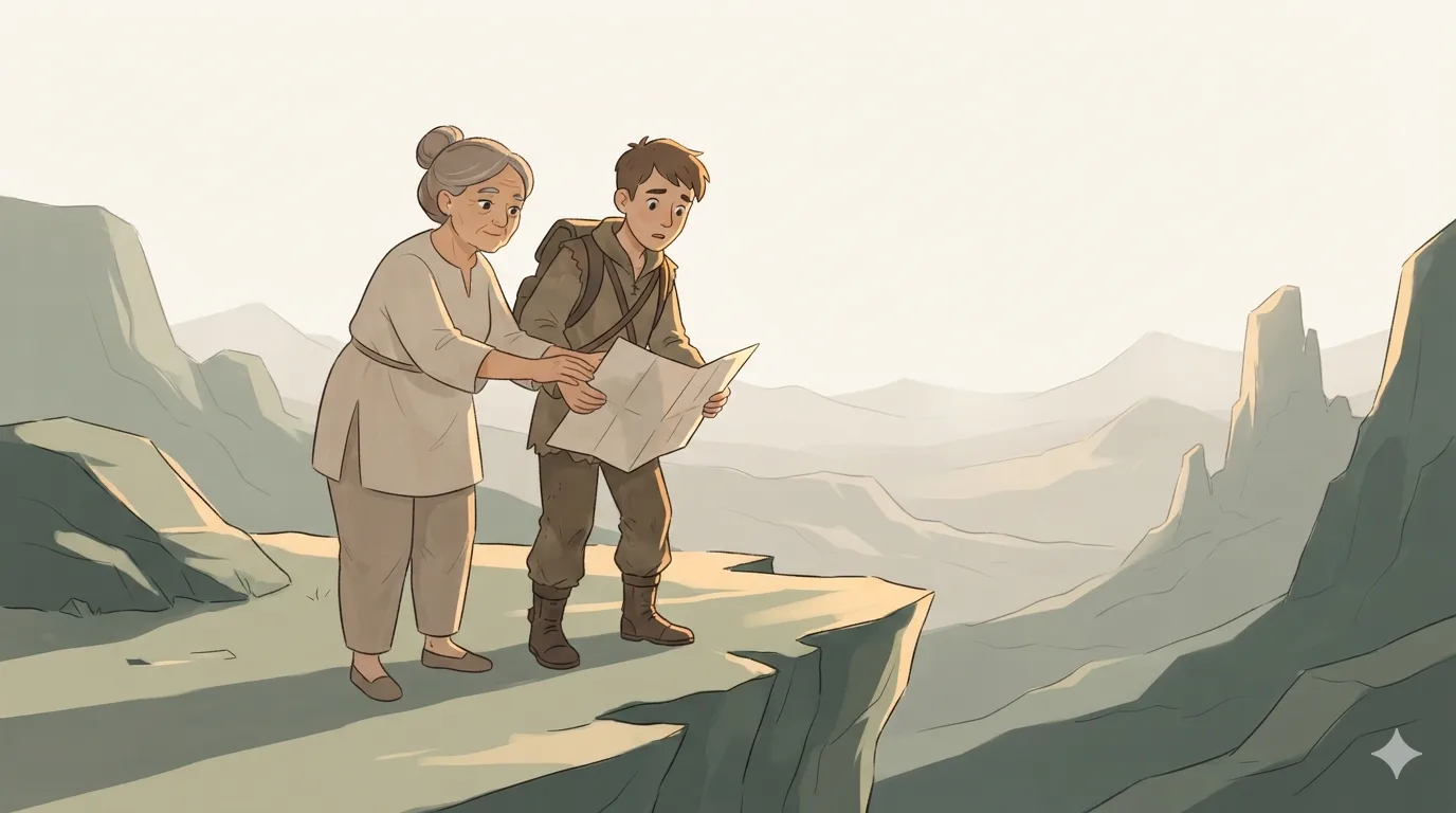 An old guide stands with a young explorer at a cliff edge where the trail ends, lowering his unfolded map.