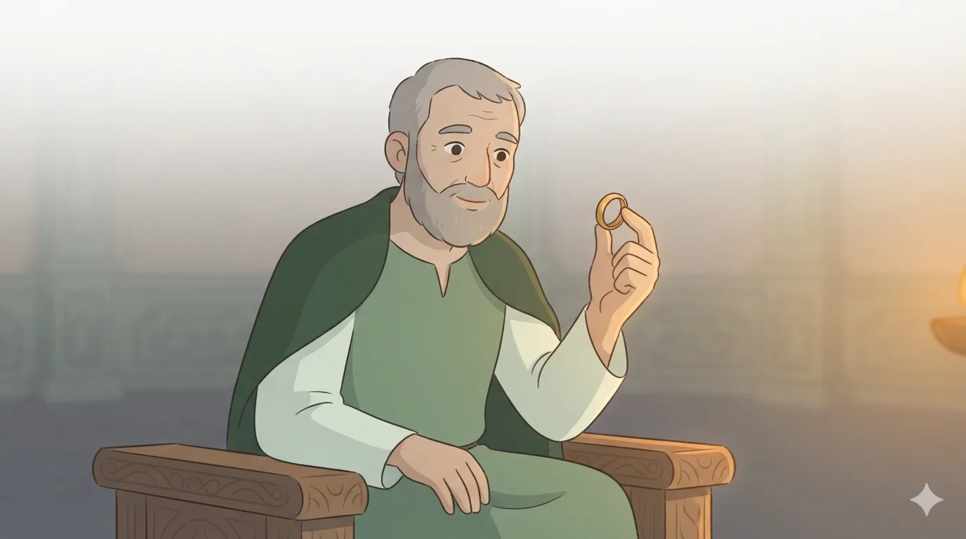 An aged bearded king sits holding a plain gold ring between two fingers, looking at it with a faint smile.