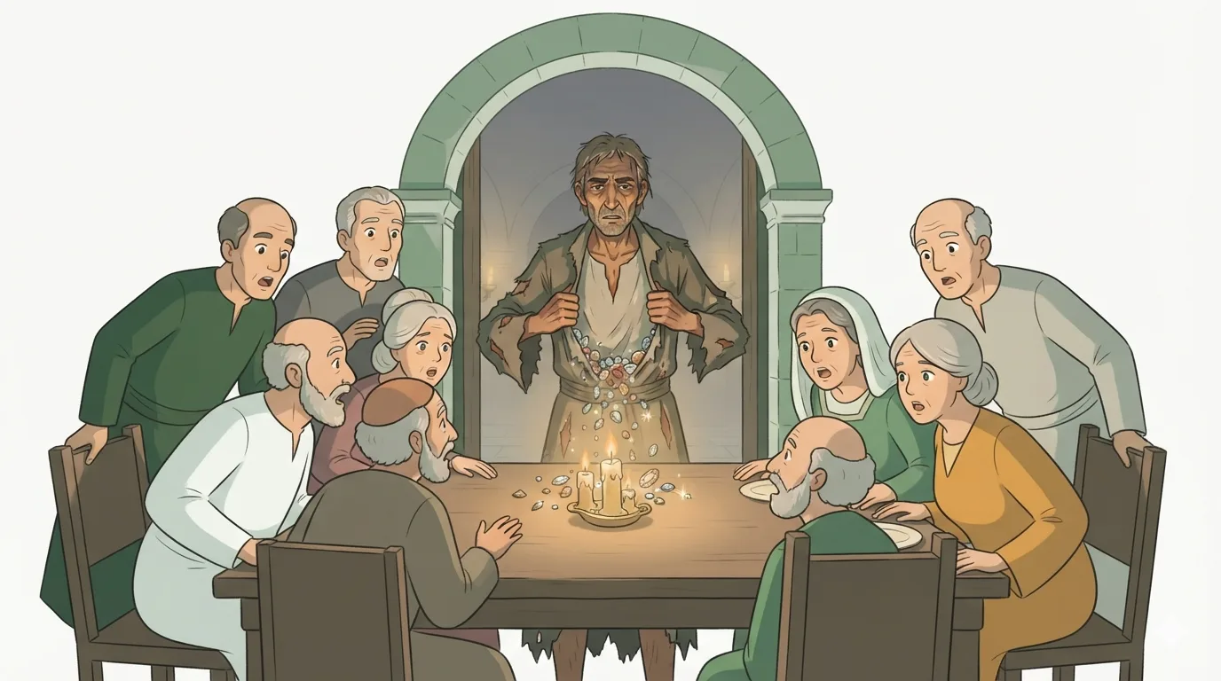 A weathered traveler tears open his coat, spilling jewels onto a table before stunned Venetian relatives by candlelight.