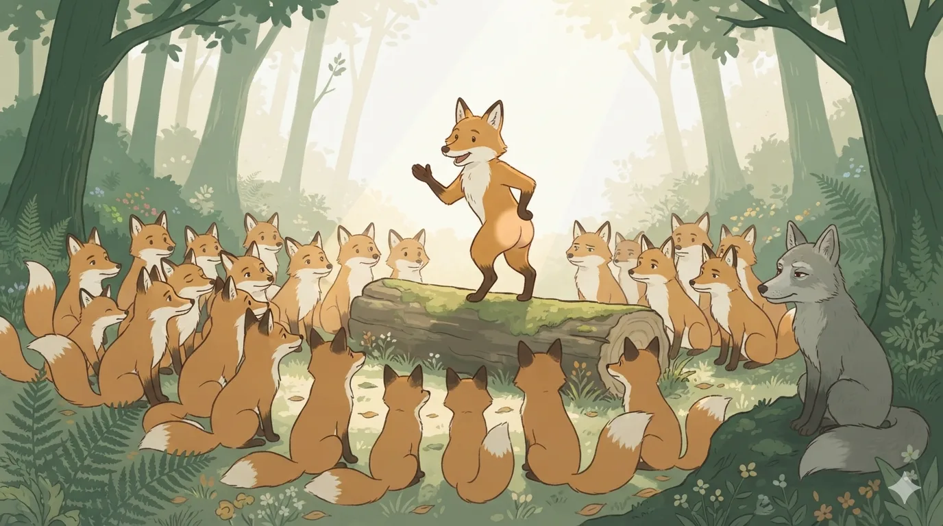 A tailless fox gestures to a crowd of foxes from a log; an old fox at the back watches with calm skepticism.