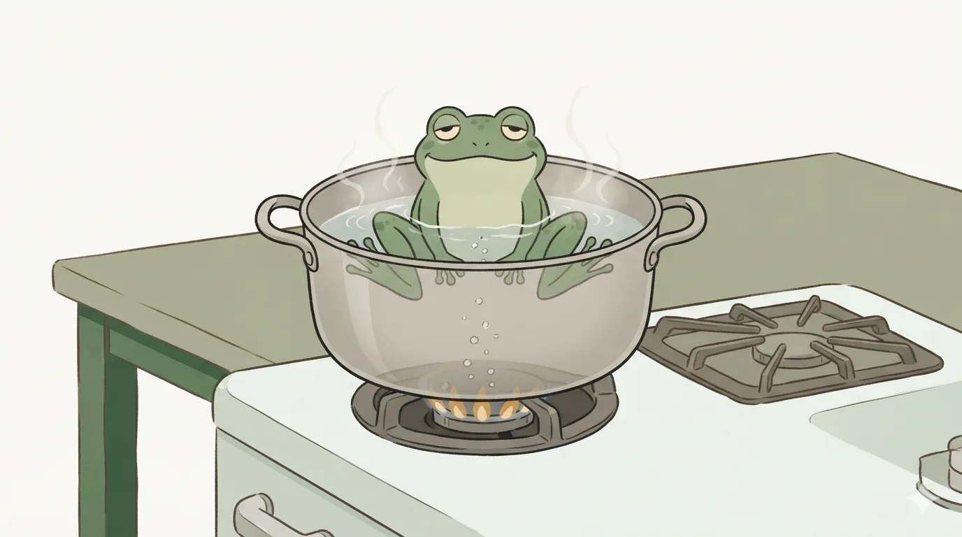 A drowsy frog sits still in a steaming pot on a stove with a gas burner, eyes half-closed, unaware of the rising heat.