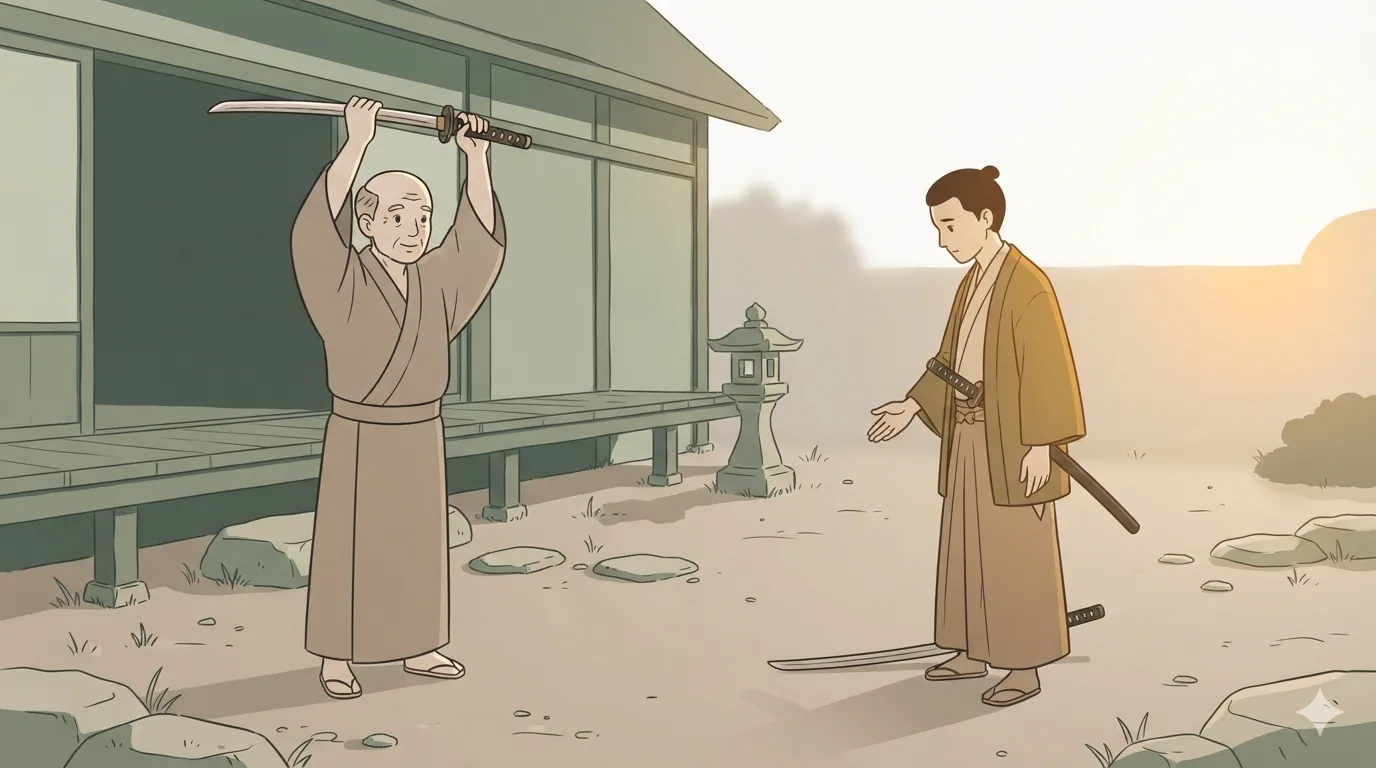 An older man in a robe raises a sword overhead while a younger samurai lowers his own sword and bows his head.
