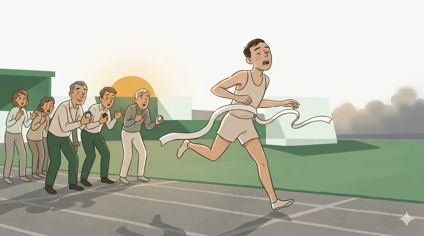 Roger Bannister breaks the finish-line tape mid-stride, head back and mouth open, as stunned officials watch with stopwatches raised.