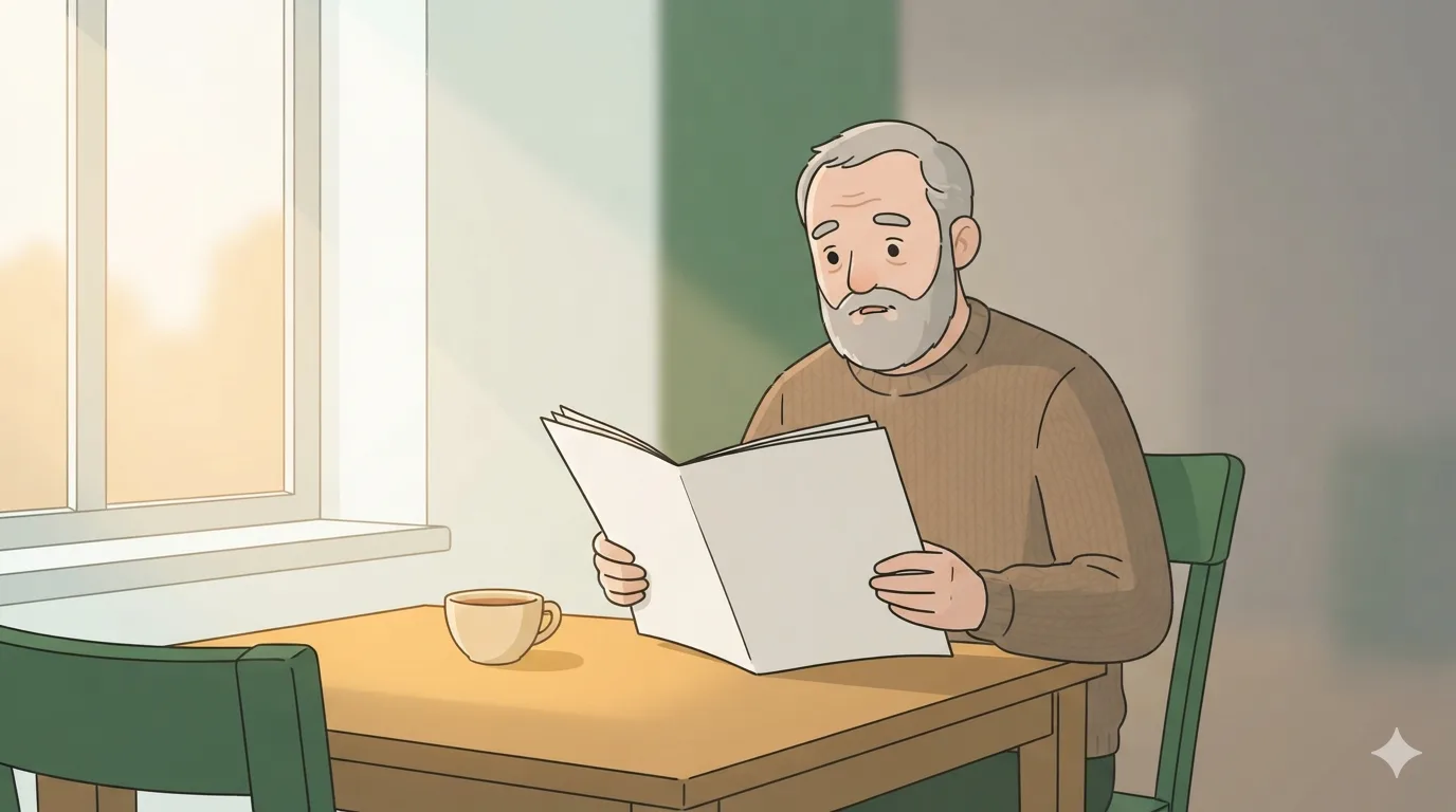 A grey-bearded man sits alone at a table by a window holding an open newspaper with blank, unprinted pages.