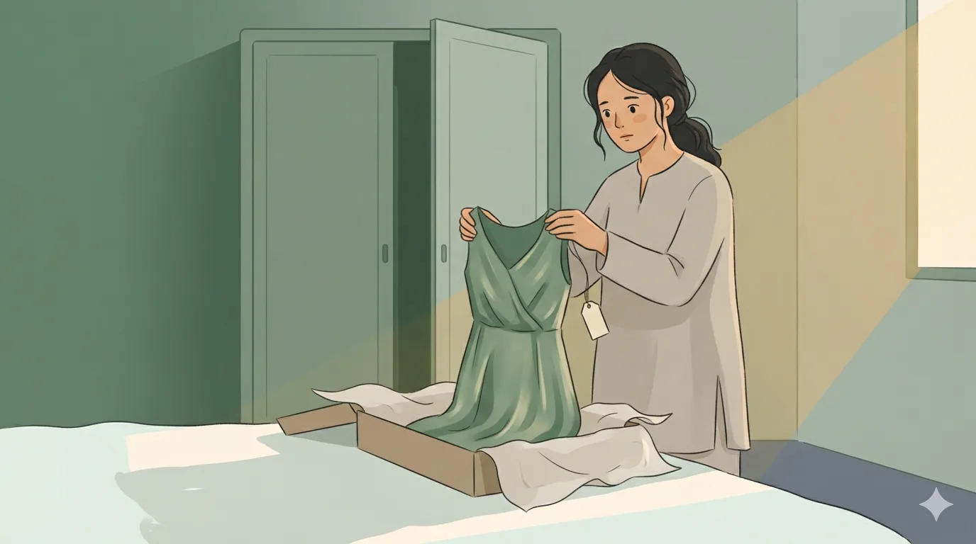 A woman holds a dress just lifted from a box of tissue paper, a tag hanging from it on a thread.