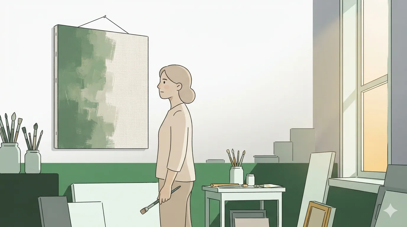A painter holds a brush at her side, looking at a half-finished canvas in her studio.