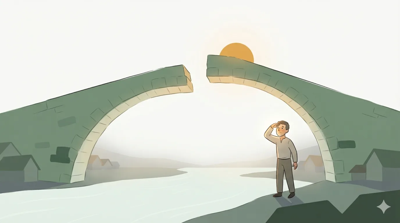 Two bridge arches almost meet over a river, leaving a narrow gap; a man looks toward the other side.