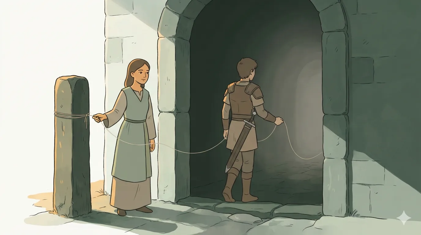 A young woman at a dark stone doorway holds one end of a thread as a young man walks into the passage.