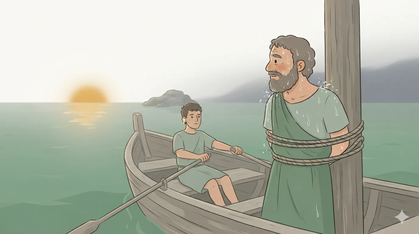 A bearded man roped to a ship's mast strains toward the sea while a young oarsman rows with his back turned.
