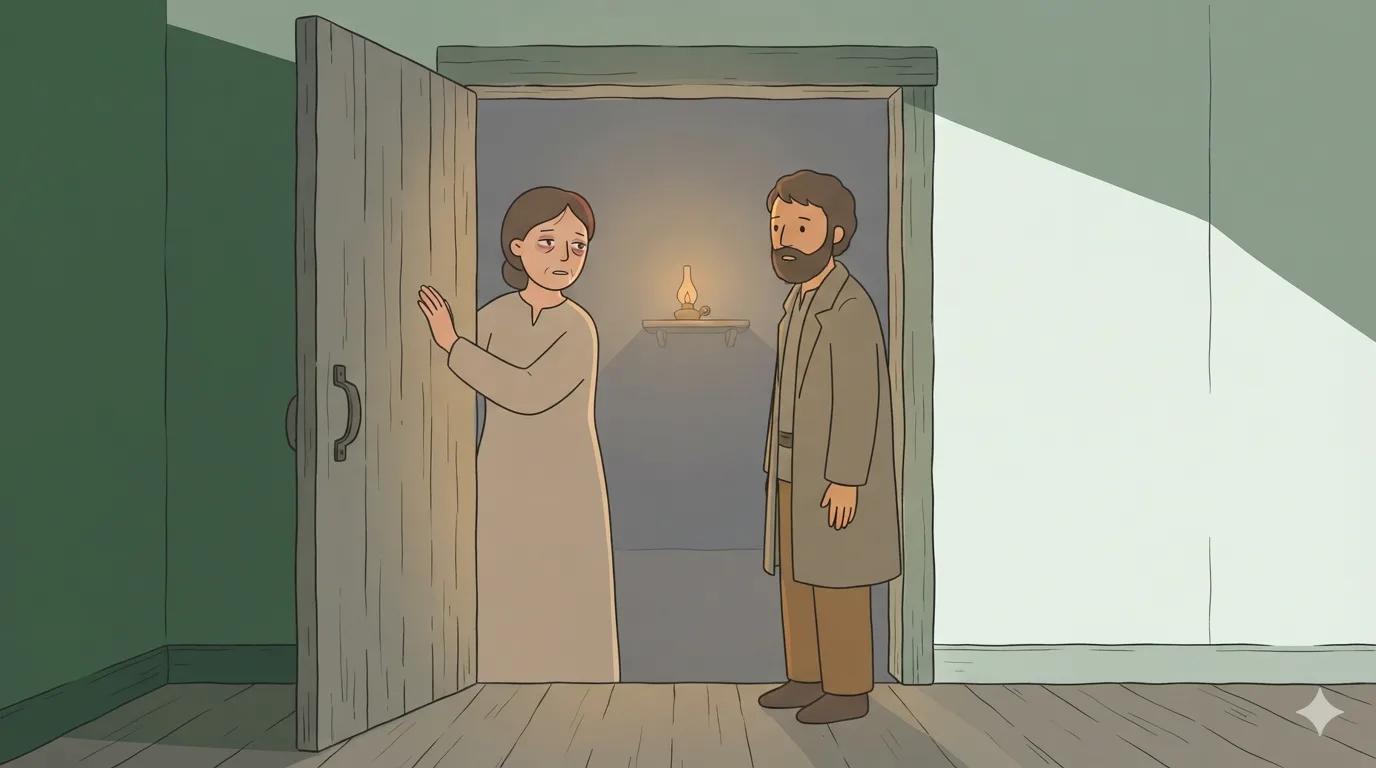 A woman with red eyes stands in a lamplit doorway speaking to her bearded husband, who listens.