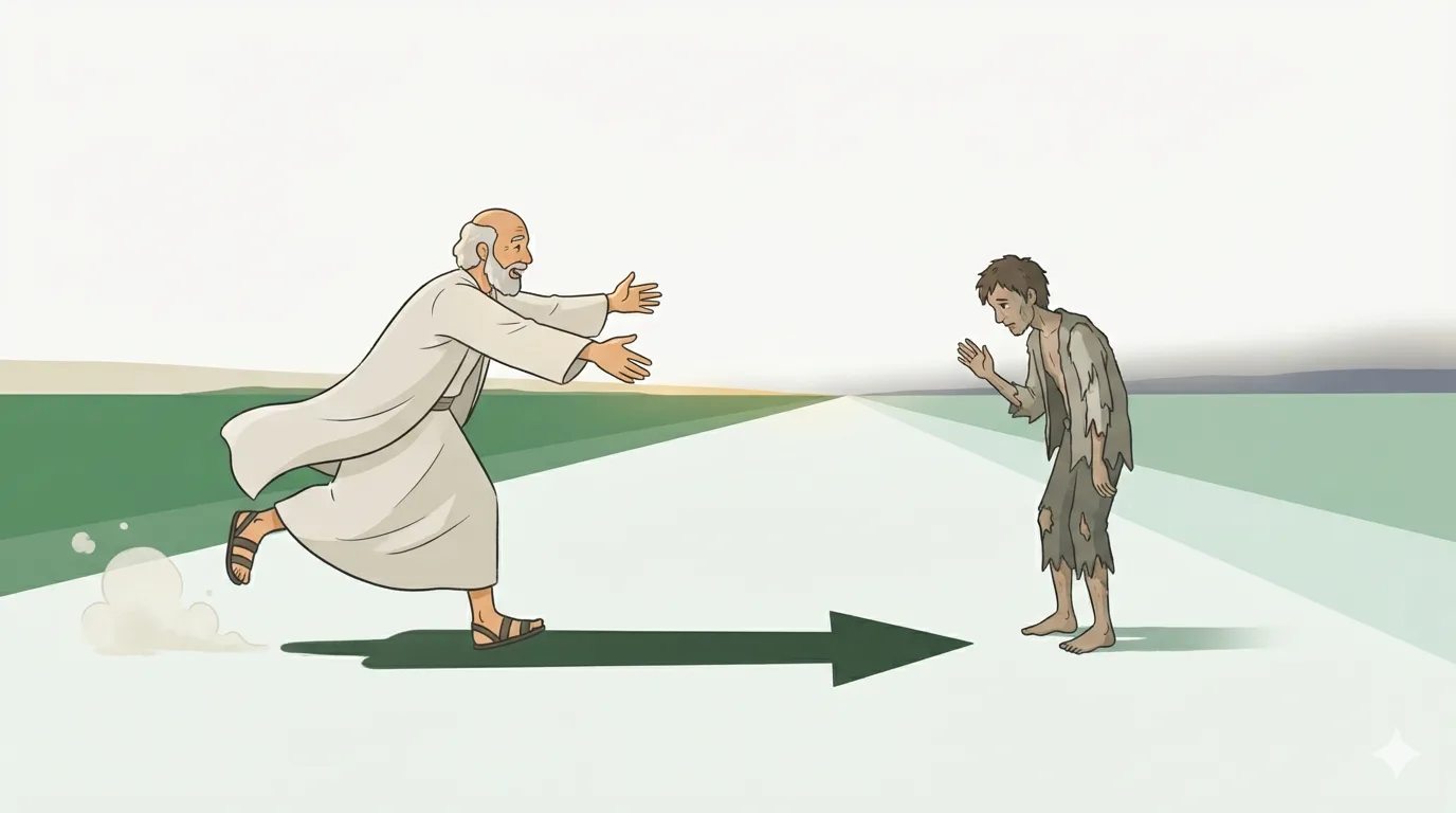 An elderly father sprints down a dusty road, arms wide open, toward his ragged, downcast son still far in the distance.
