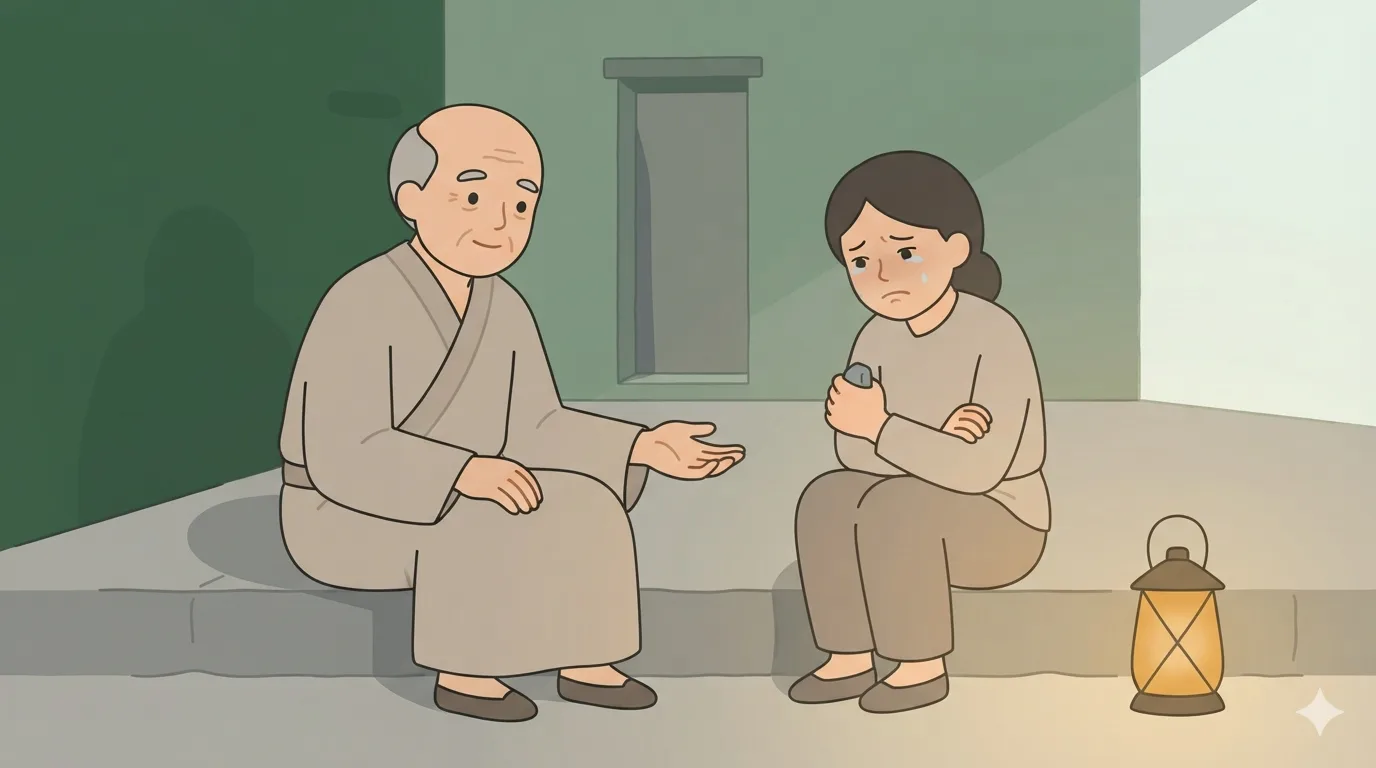 A grieving woman clenches a stone in her fist with tears in her eyes, a sage beside her offers an open hand.