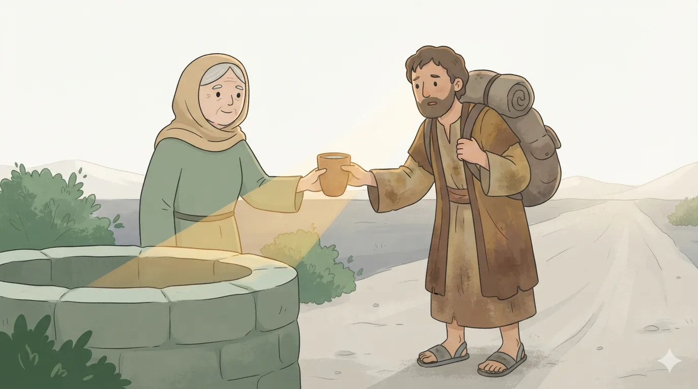 An old woman by a well offers a clay cup of water to a dusty pilgrim on the road.