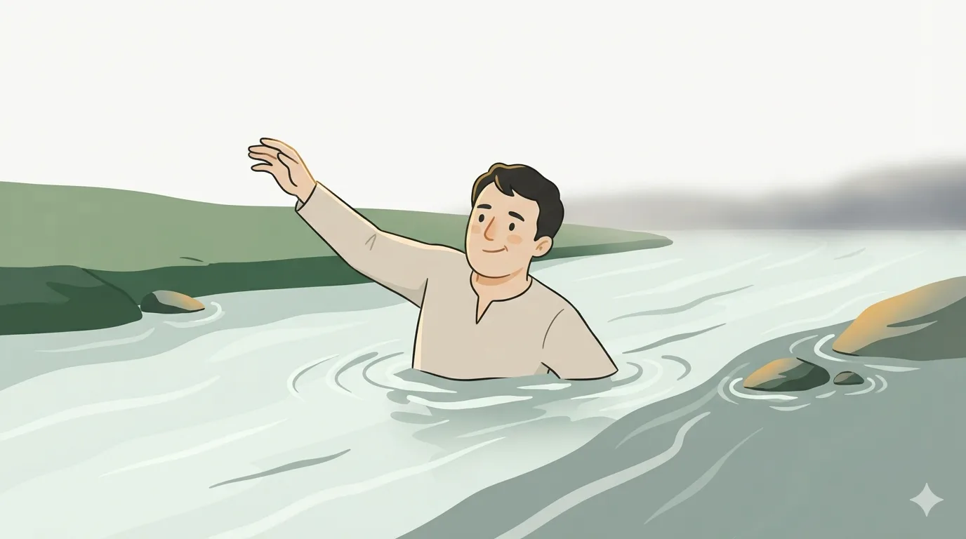 A man wades through a fast river, chest-deep, one arm raised for balance.