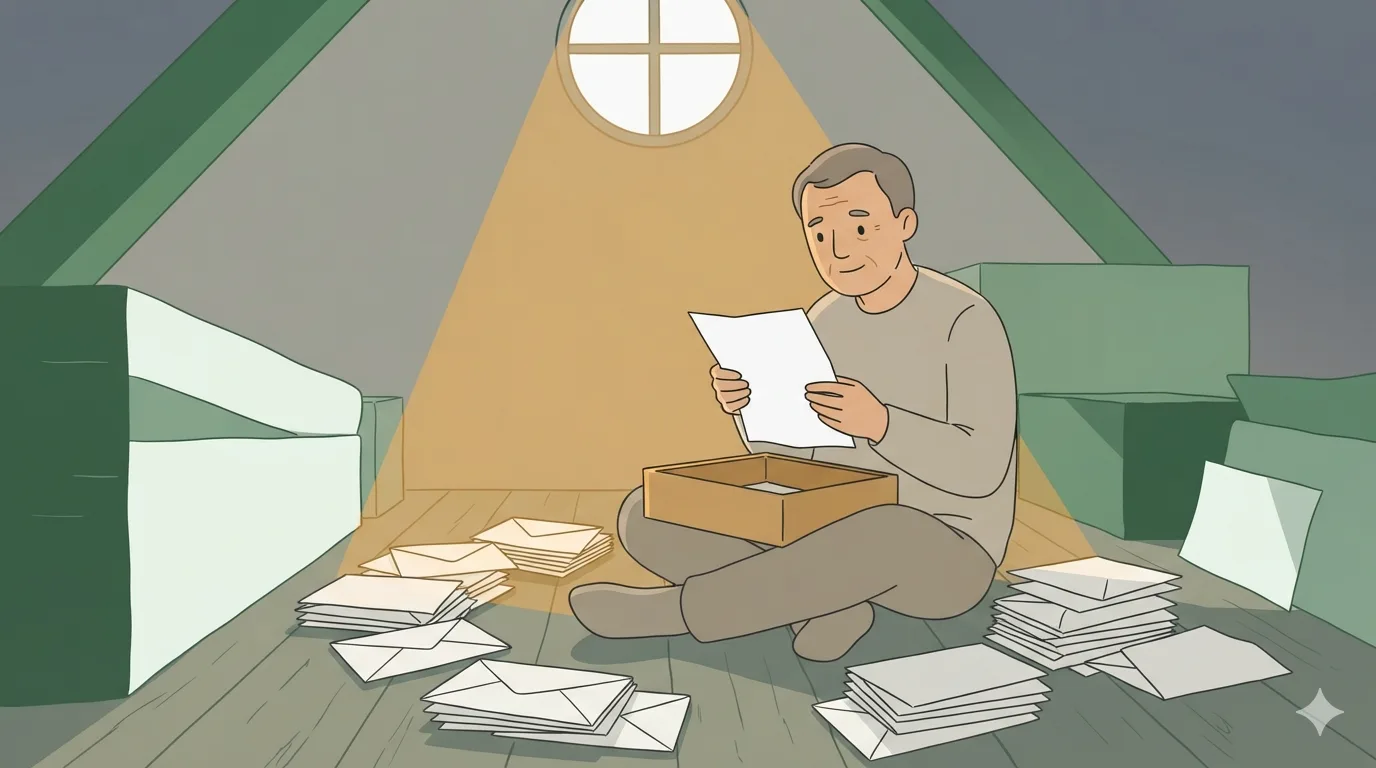 A man sits on an attic floor with a box in his lap and a sheet of paper in his hands, surrounded by stacks of blank envelopes.