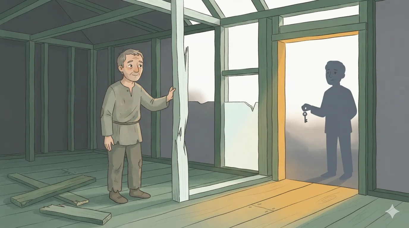 An aging carpenter stands inside an unfinished house frame holding a beam, offcuts on the floor, while his employer waits in the lit doorway holding a key.