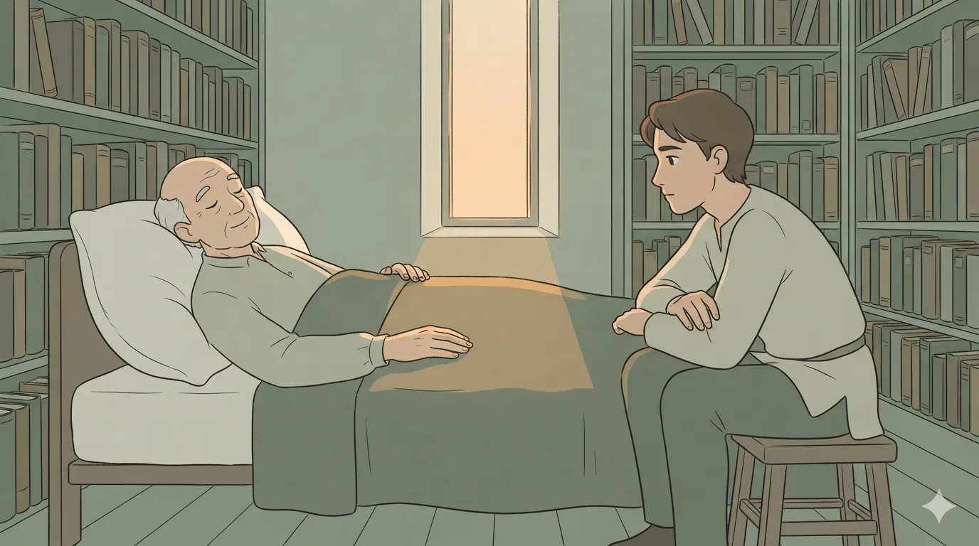An elderly professor lies in bed with his eyes closed, a student sits nearby on a stool among bookshelves.