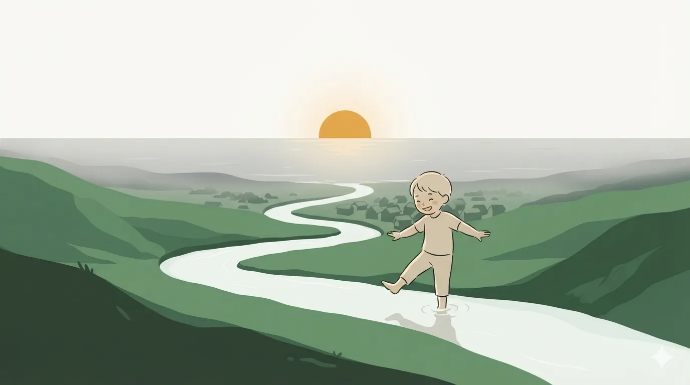 A river winds through a green valley past a village to the ocean, a child plays in the shallows.