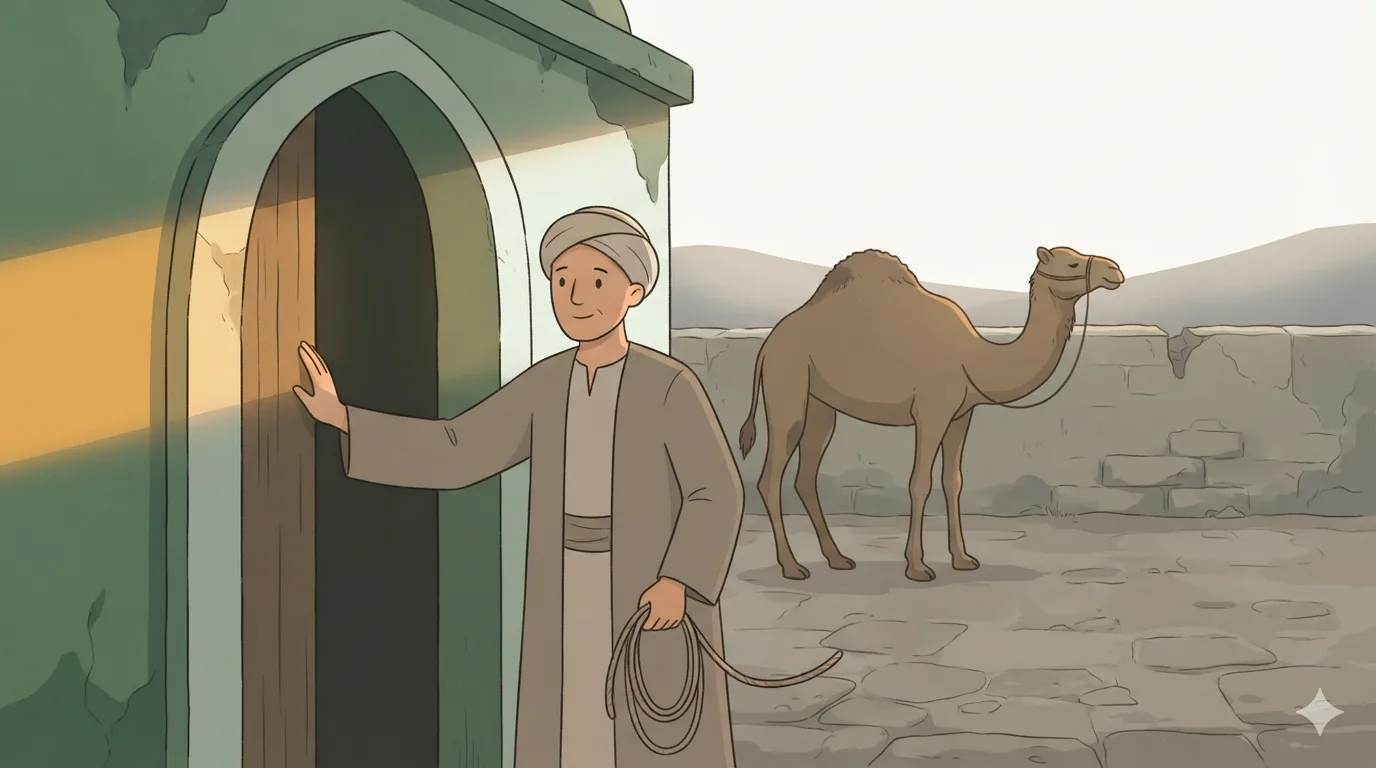 A male traveler at a mosque doorway holds a slack rope while an untied camel stands behind him.