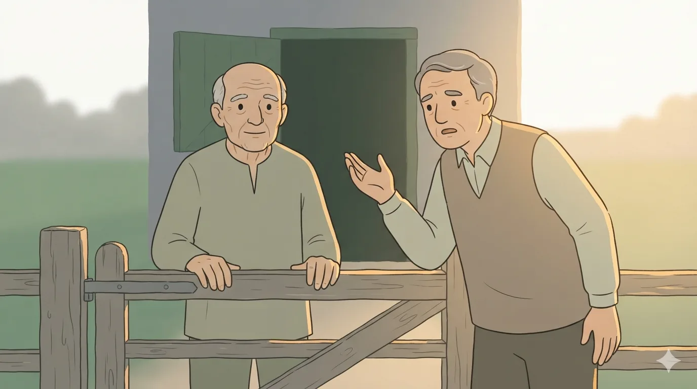 An old man stands calmly at his wooden gate while an older male neighbor leans in with a sympathetic gesture.