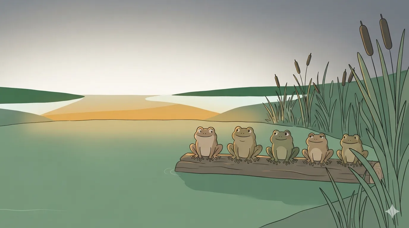 Five frogs sit on a log by the pond.