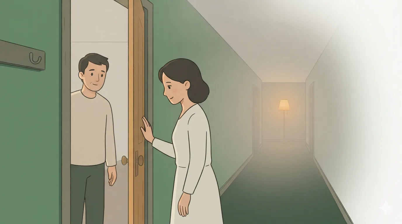 A woman stands in a doorway looking down an empty hallway; a man stands a few steps behind her.