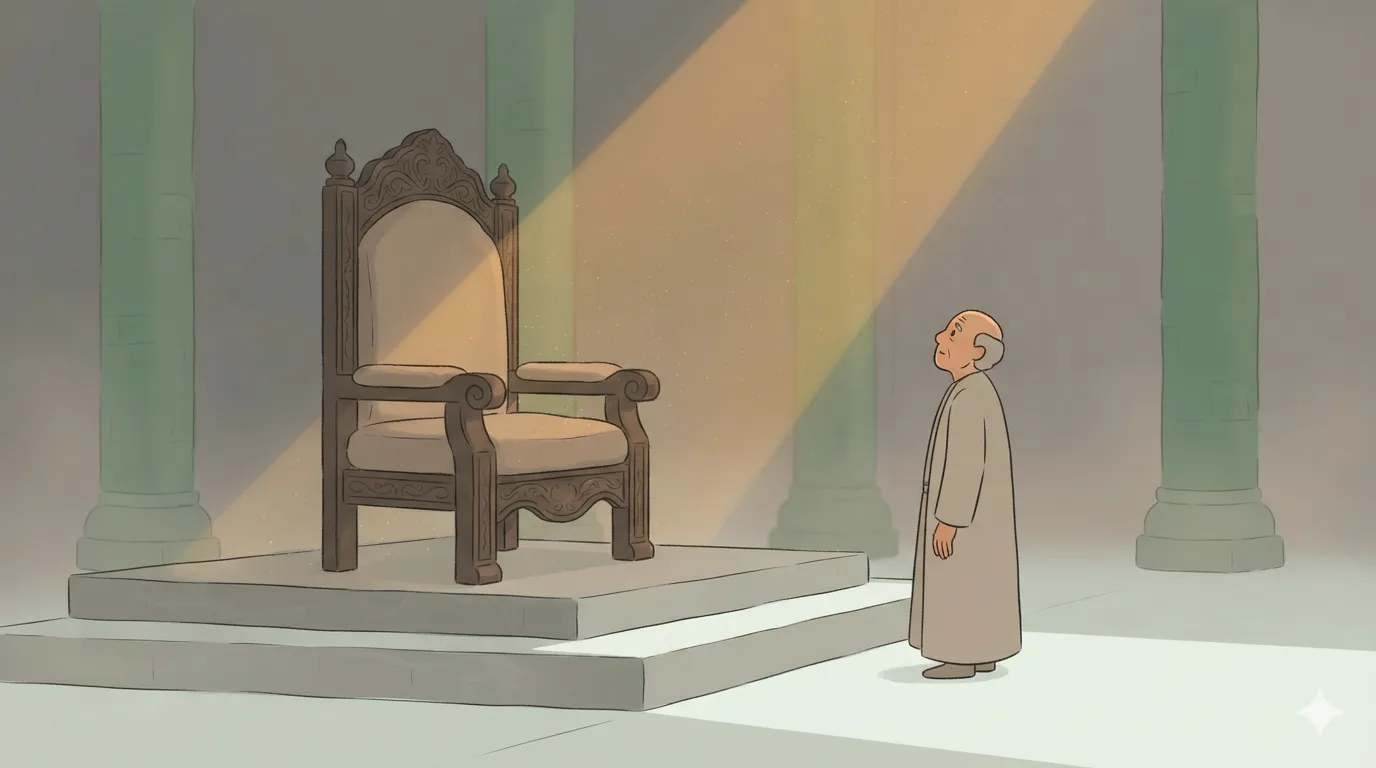 An empty throne on a stone dais with one elderly minister standing at the foot of the steps looking up at it.
