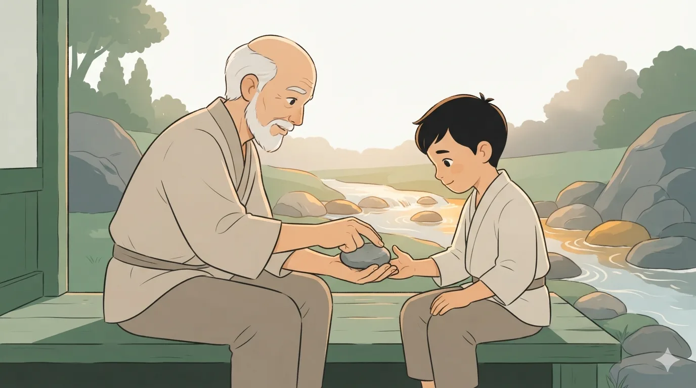 An old master presses a smooth river stone into a young student's open palm on a porch by a stream.