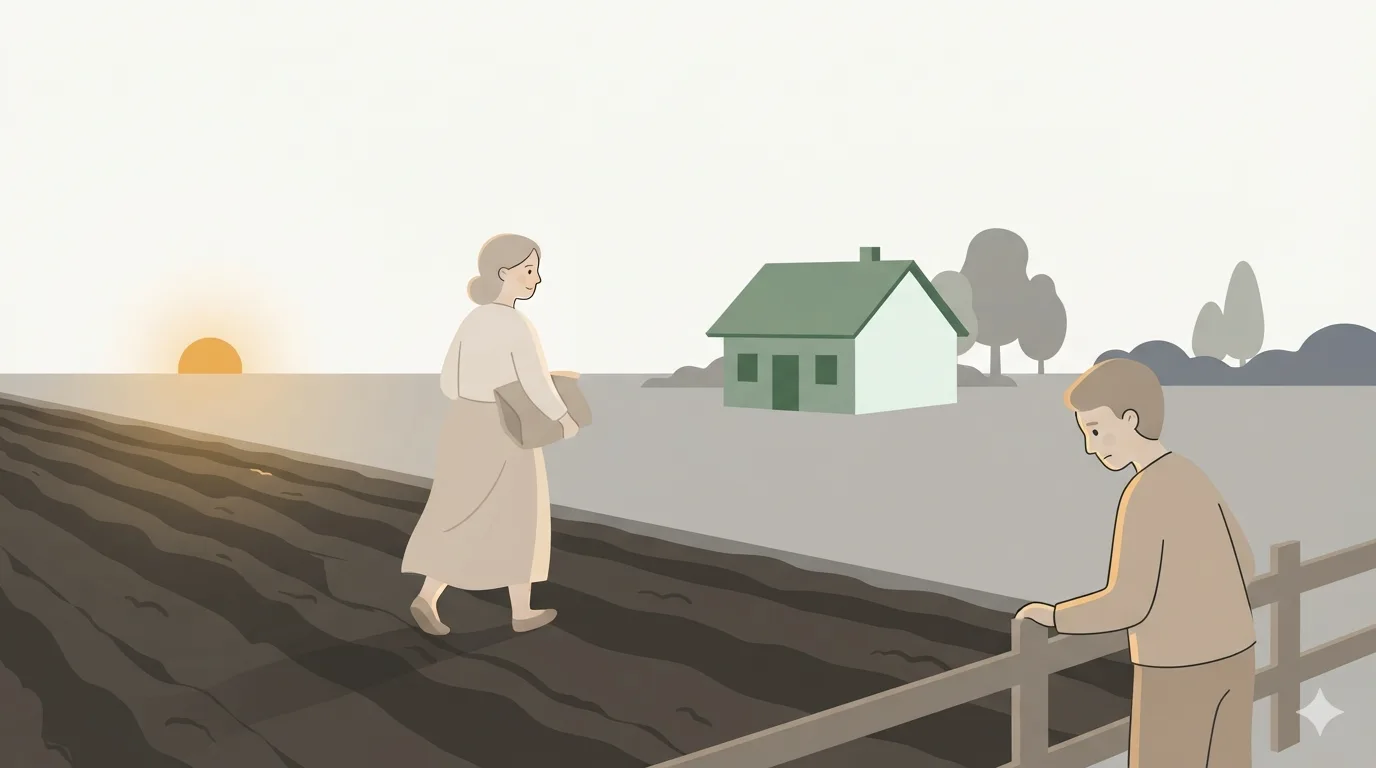 A farmer walks away from a planted field, a neighbor at the fence looking at the soil behind her.